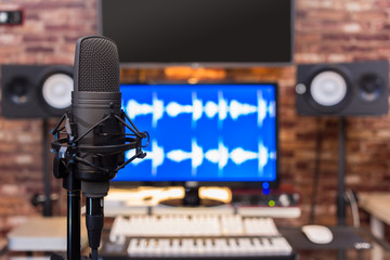 condenser microphone in digital recording, broadcasting studio background