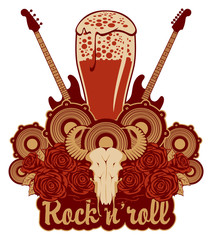 Vector banner for a rock pub with live music with an inscription and a picture of a full glass of beer, bull skull, acoustic guitars, speakers and red roses