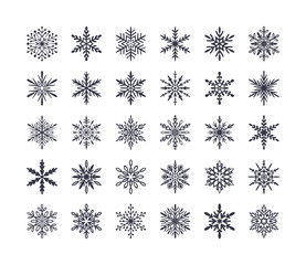 Cute snowflakes collection isolated on white background. Flat snow icons, snow flakes silhouette. Nice element for christmas banner, cards. New year ornament. Organic and geometric snowflake set.