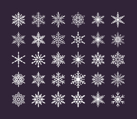 Cute snowflakes collection isolated on dark background. Flat snow icons, snow flakes silhouette. Nice element for christmas banner, cards. New year ornament. Organic and geometric snowflake set.