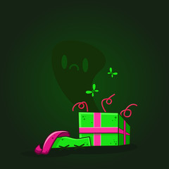 Vector color illustration of cartoon dead gift box on dark background. Object image to create original web games or graphic design