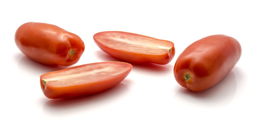 San Marzano tomato isolated on white background two whole two sliced halves