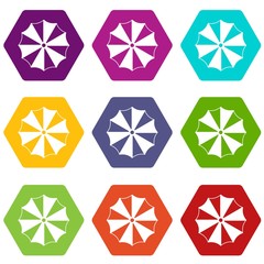 Striped umbrella icon set color hexahedron