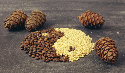 Close up of cedar pine nuts and cones in the form of yin and yang on blackboard background.