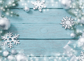 Christmas decoration on blue wooden background