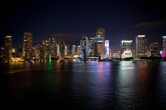 City skyline panorama on night sky in Miami, USA