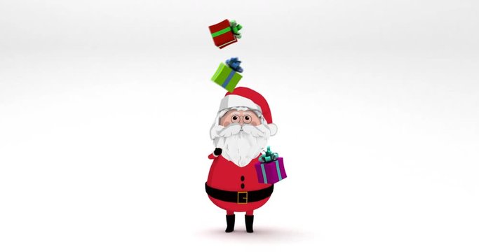 Santa Claus juggling gifts  loop animation with matte pass