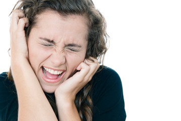 Screaming woman with eyes closed isolated closeup