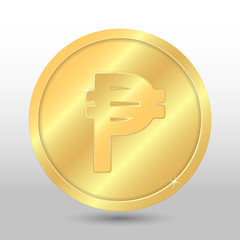 Realistic gold coin with peso sign. Vector coin on gray background