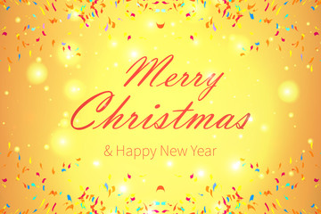 Naklejka premium Happy New Year design on yellow shiny background with an inscription. Merry Christmas vector illustration. Holiday greeting.