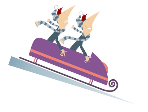 Bobsled cartoon illustration isolated. Two cartoon men ride on sledge 
