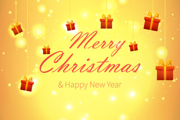 Naklejka premium Happy New Year design on yellow shiny background with an inscription. Merry Christmas vector illustration with presents. Holiday greeting.