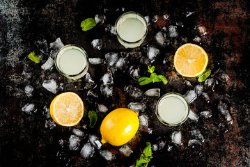 Obraz na płótnie Canvas Traditional italian alcoholic homemade beverage, lemon liqueur limoncello with fresh citrus, ice and mint, on rusty black table, copy space top view