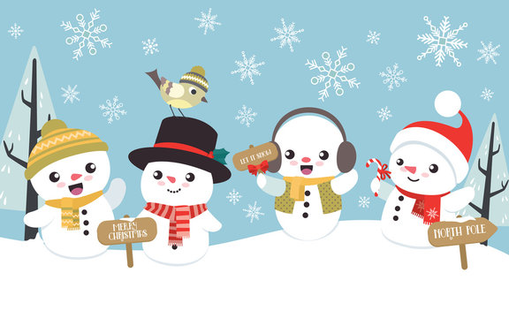 Winter Christmas scene with cute little snowman flat design