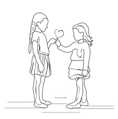 child sketch little girls play, friends vector, isolated
