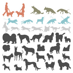 Dog silhouettes on white background. Set of dog silhouettes doing different activities. Dog jumping, running, barking.