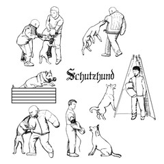 Working dog sketches. Schutzhund dog sport training illustration. Hand drawn dog trainers in action. Dog sport equipment.