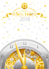 Happy new year 2018 silver golden logo icon. Vector poster with clock, gears. Abstract holiday design template. Vintage symbols, swirls pattern, text lettering banner. White snow sky background