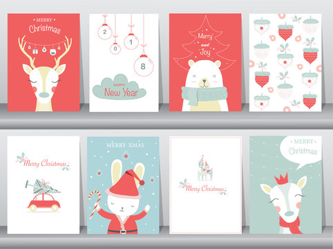 Set of cute Merry christmas  background with cute animal and winter clothes,cute animal, Vector illustrations