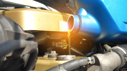 Auto mechanic is changing oil into a engine at car.