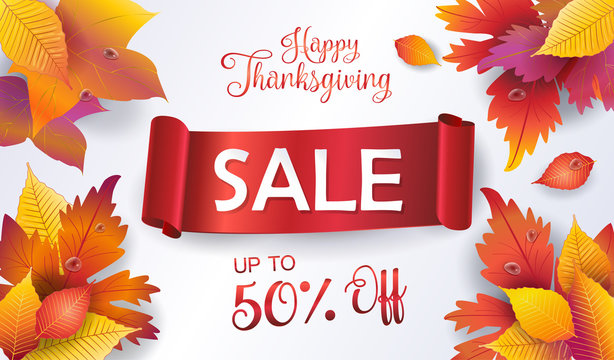 Vector Thanksgiving Holiday Autumn Sale discount, advertising banner, foliage, Autumnal leafs frame, top view. Template for voucher, flyer, presentation, gift card.
