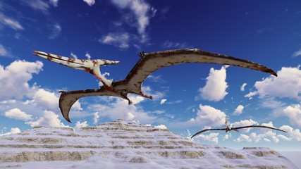 Flying pterodactyl against the beautiful cloudscape 3d illustration © satori