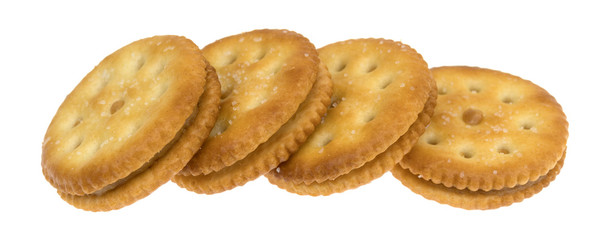 A row of roasted peanut butter crackers isolated on a white background.
