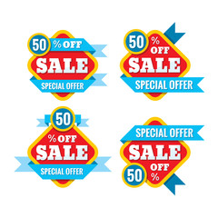 Sale 50% off - vector concept illustration in flat style. Abstract advertising promotion banners on white background. Creative discount badges set. Special offer stickers. Design elements.  