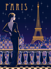 The lady on the balcony in the night of Paris. Handmade drawing vector illustration. Vintage style - obrazy, fototapety, plakaty