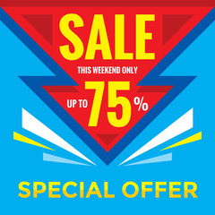 Sale discount up to 75% - vector banner concept illustration. Special offer. Abstract advertising promotion layout. Graphic design element.