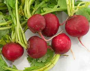 Several radishes with greens on a gray marble cutting board.