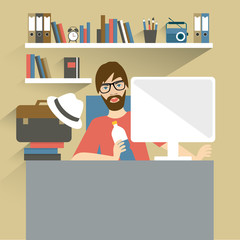 Man office workplace. Hipster, designer style. Flat vector illustration.