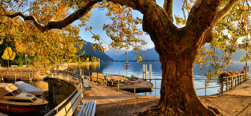 Pier at Geneva Lake in Montreux Vaud canton Switzerlandof  in autumn - obrazy, fototapety, plakaty