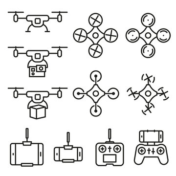 Flying drone flat line style icons on white background. Quadcopter sings isolated set.