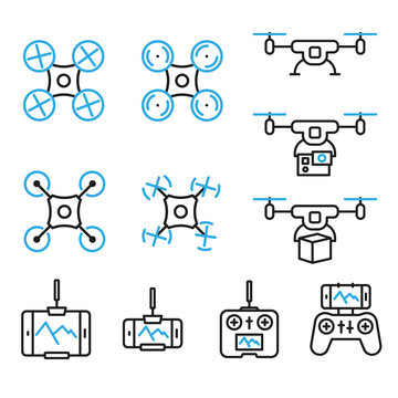 Flying drone flat line style icons bicolor on white background. Quadcopter sings isolated set.