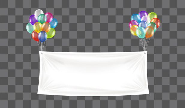 White Vinyl Banner Floating With Colorful Balloon