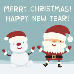 Merry Christmas and happy New Year! Funny Santa Claus dancing with snowman. Greeting card with Santa Claus and snowman in cartoon style.