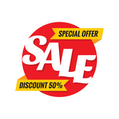Sale discount 50% - concept circle banner vector illustration. Special offer advertising promotion sticker layout on white background. Graphic design element. 
