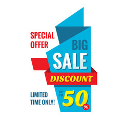 Big sale discount up to 50%, vertical origami banner vector illustration. Special offer abstract promotion concept layout. Graphic design elements. 