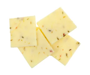 Foto op Aluminium Top view of a group of fresh pepper jack cheese squares isolated on a white background. © Bert Folsom