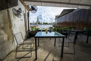 Wat Arun Temple after renovated for long time approximately 23 year at balcony along river in bangkok Thailand.