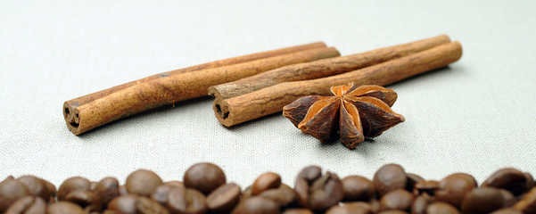 Cinnamon sticks to the right on coffee beans