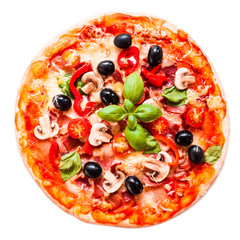  Fresh italian classic original pepperoni pizza with olives, basil and tomato isolated on white background