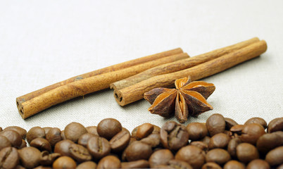 Cinnamon sticks to the right on coffee beans