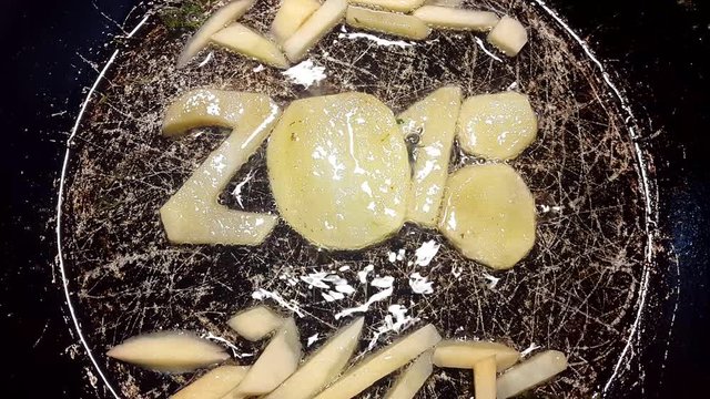 fry potatoes in a frying pan in the form of number 2018.