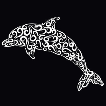 Dolphin, drawn by elegant white lines on a black background