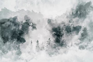 Abstraktes Kunstwerk, das einen dunklen Wald mit Birken zeigt. Gemischte Medien © Svetoslav Sokolov