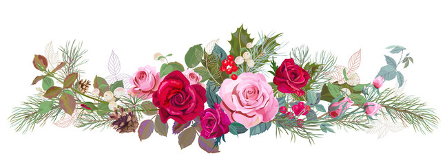 Panoramic view with red, pink roses, pine branches, cones, holly berry, common snowberry. Horizontal border for Christmas: flowers, leaves, white background, digital draw, watercolor style, vector