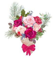 Bouquet of flowers. Design concept for Christmas, Valentine's Day card. Red, pink roses, pine branches, cones, holly berry, common snowberry. Vintage background, digital draw illustration, vector