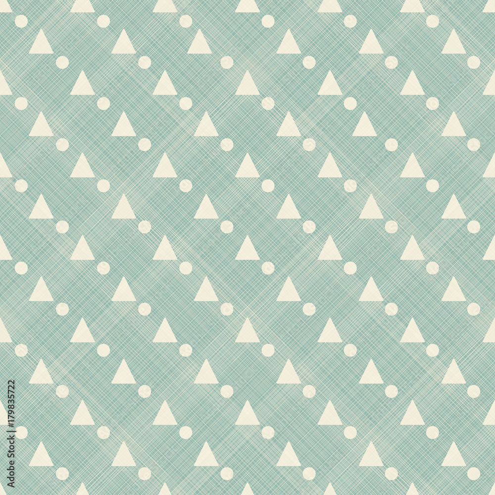 Fototapete Repeated triangles and circles on green background. Simple abstract wallpaper. Seamless surface pattern design with geometric figures. Modern style digital paper, textile print, page fill. Vector art